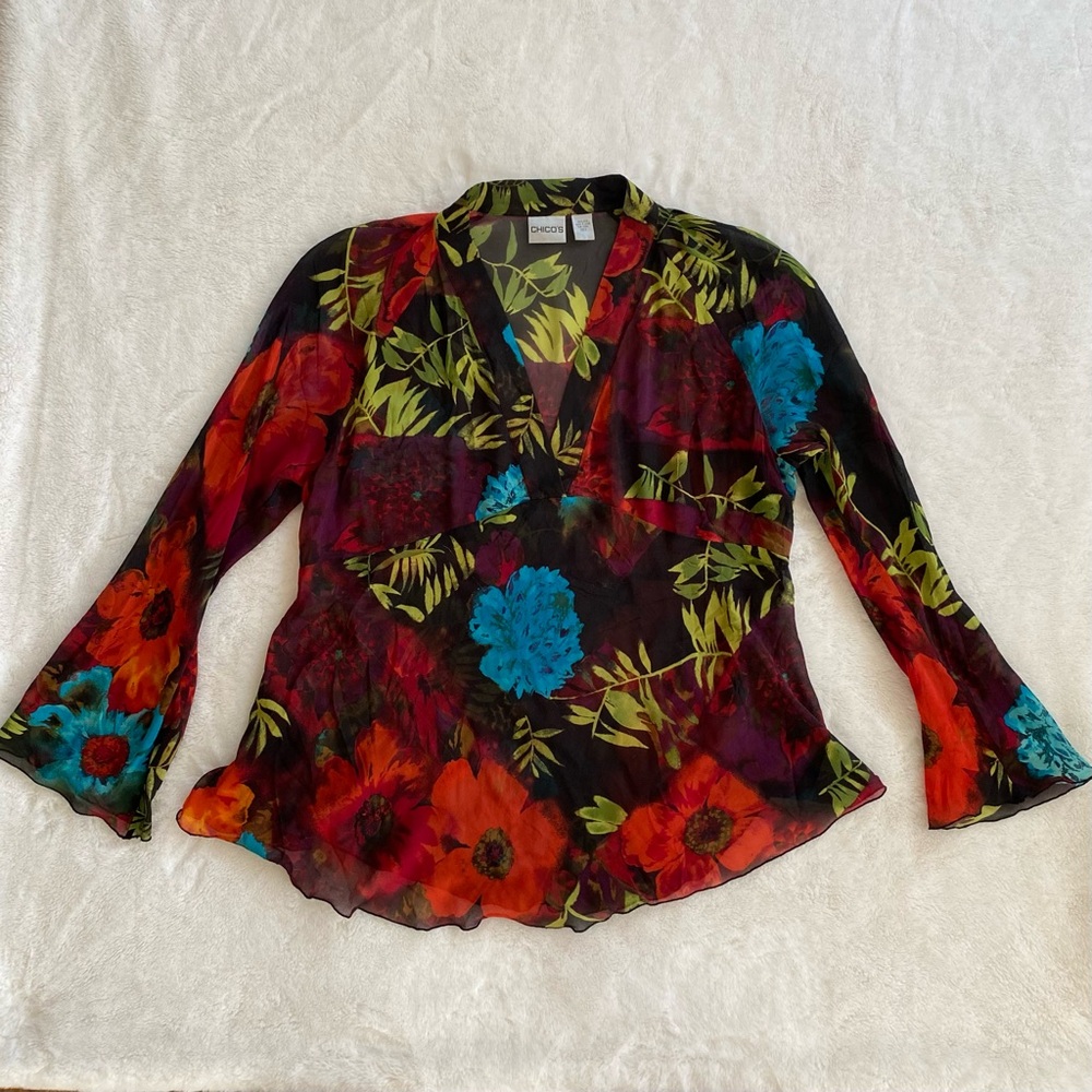 Chicos 100% silk burgundy floral print long sleeve blouse / top sz 3 fits XL